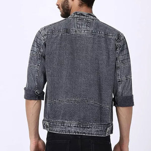 URBANGAZER Men's Stonewashed Denim Varsity Jacket Stand Collar <b>Covered</b> <b>Button</b> Closure Casual Winter Style Regular Fit Solid - Product Image 5