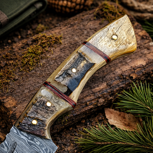 Couteau Skinner Damas fait main 9 pouces, lame fixe en acier Damas, ambidextre, style industriel, manche en corne - Product Image 2