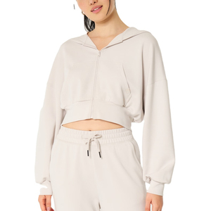 Hoodie court taille haute pour femme en molleton de coton écologique, design 2-en-1, teint en pièce, vêtement décontracté, OEM ODM, vente en gros, usine - Product Image 1
