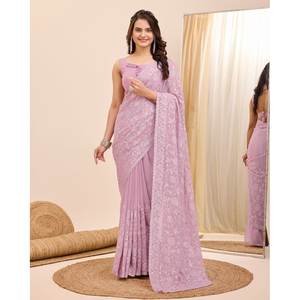 Sari de Diseño Georgette con Bordado de Lentejuelas y Blusa sin Coser en Rosa Bebé - Product Image 1