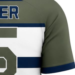 Maillot de football vert olive et blanc à manches courtes avec détails bleu marine, respirant, uniforme d'équipe pour l'entraînement et les matchs - Product Image 5