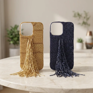 Funda para Teléfono con Borlas y Cuentas, Estilo Bohemio para iPhones de Apple, Dorado y Azul Marino, para Todas las Temporadas, con Bordado y Puntadas Cruzadas - Product Image 1