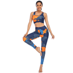 Women's Camouflage Print Yoga Set High Waist Leggings <b>Crop</b> <b>Top</b> 2 Piece Fitness Wear Full Length Racerback - Product Image 2