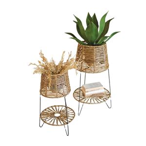 Ensemble de supports modernes en métal et rotin pour plantes, design élégant surélevé, présentoir élégant pour plantes d'intérieur, décoration de salon et de maison - Product Image 1