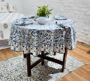 Classic Blue Floral Printed Round <b>Tablecloth</b> 100% Cotton Handmade Customizable <b>Wedding</b> Home Decor From Rajasthan - Product Image 1