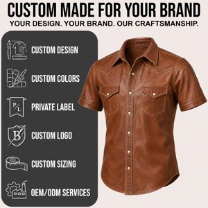 Men Brown Leather Western <b>Shirt</b> Short Sleeve Classic Point Collar Snap Button Front Two Flap Chest Pockets Vintage <b>Cowboy</b> Casual - Product Image 5