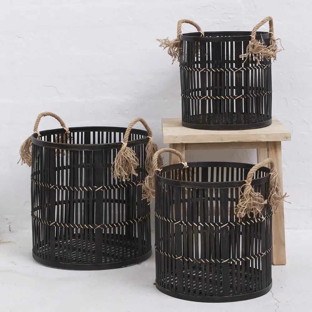 Элегантная черная корзина из ротанга с веревочными ручками, оптовая продажа, корзина для хранения из ротанга и бамбука ручной работы из Вьетнама