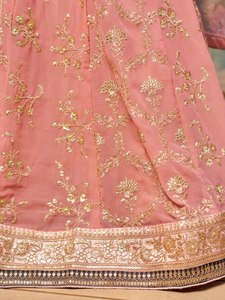Pink Organza Embroidered <b>Lehenga</b> Set With Floral Print And Spaghetti Strap Crop Top For Bridesmaid - Product Image 6
