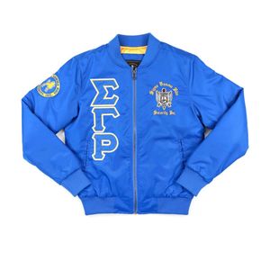 Chaqueta Bomber Azul Sigma Gamma Rho para Mujer, Chaqueta Universitaria de Sororidad con Letras Griegas, Abrigo Casual con Cremallera, Bordado Personalizado para Universidad - Product Image 1