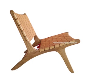 Chaise longue relax en bois de teck massif de style moderne en cuir véritable marron tissé pour meubles de maison pour hôtel villa salon - Product Image 5