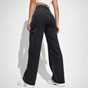 OEM ODM Pantalones vaqueros cargo de algodón 100% para mujer, transpirables, de verano, de cintura alta, corte holgado, pierna ancha, a la moda, con lavado a la piedra - Product Image 4