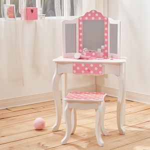 Pink/White YJ Kids' Furniture Set Wooden <b>Vanity</b> with Tri-Fold <b>Mirror</b> Chair <b>Table</b> Stool <b>Vanity</b> Set for Kids - Product Image 2