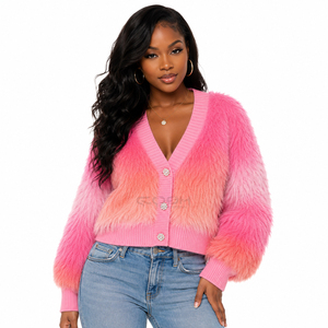 Cosh International Sisterhood Sorority Pink Faux Fur <b>Cardigan</b> V-Neck Balloon Sleeve Knitted Casual Winter Top Solid Color <b>Thick</b> - Product Image 1