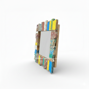 Miroir artisanal multicolore en bois de bateau recyclé, couleur naturelle, pour décoration murale et intérieure, salon ou chambre. - Product Image 2