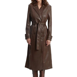 Gabardina de Cuero Genuino para Mujer, Manga Larga, Cuello Alto con Botón, con Cinturón, Estilo Elegante para Otoño e Invierno, Color Sólido - Product Image 4