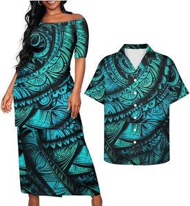 Conjunto de Vestido y Camisa Hawaiana con Estampado Polinesio de Atardecer y Plumeria, Estilo Tribal de las Islas del Pacífico - Product Image 3