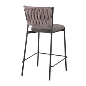 Tania Contemporary Counter <b>Stool</b> by Set of 2 Braided Black Metal Grey Faux <b>Leather</b> and Light Brown Fabric for Modern Bars - Product Image 4