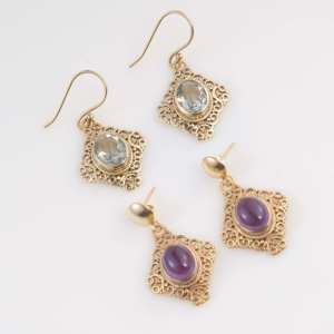 Pendientes colgantes de filigrana con topacio azul, chapados en oro, estilo vintage, con piedras facetadas, joyería boho, regalo para mujer - Product Image 5