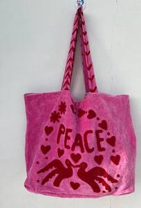 Wholesale Custom Handmade Pink Velvet Tote <b>Bag</b> Featuring Dark Red PEACE Lettering Doves <b>Hearts</b> and Floral Applique Embroidery - Product Image 3