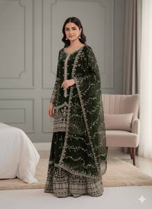 Ensemble Anarkali Salwar Kameez vert brodé pour femme avec longue dupatta, tenue de mariage traditionnelle indienne et pakistanaise, longueur au sol - Product Image 4