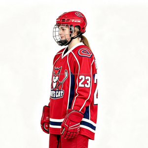 Maillot de hockey sur glace rouge personnalisé, col en V, manches longues, maille respirante, nom et numéro de l'équipe, unisexe, adulte, 100% polyester, respectueux de l'environnement - Product Image 4