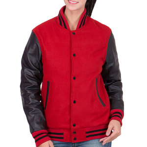 Women's Red Varsity Jacket With PU Leather Sleeves <b>Button</b> Up Collar Solid Color Autumn Wear for wholesale price - Product Image 3
