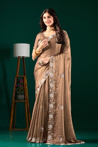 Vexotrend Indian Designer Women's Velvet Satin <b>Saree</b> Beautiful Patola Design Traditional Style Wedding Diwali Party Wear Wrinkle - Product Image 5