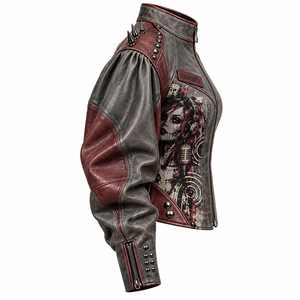 Charcoal Maroon Women Genuine Leather <b>Biker</b> <b>Jacket</b> Custom Dj <b>Girl</b> Graphic Printed Puff Balloon Sleeve Spiked Outerwear - Product Image 3