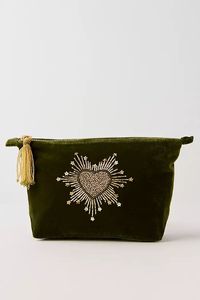 green velvet Coin Pcuch with embroidery luxury velvet makeup pouch with zipper handmade <b>beaded</b> heart velvet pouch 100% Handmade - Product Image 3