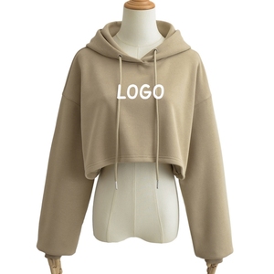 Hoodie court pour femme, couleur unie, manches longues, décontracté, en coton tricoté, pour l'automne, longueur courte, sans doublure, respirant, à capuche - Product Image 4