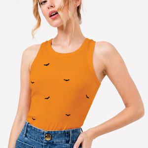 Wholesale Women Pumpkin Orange Bat Print Ribbed Tank <b>Top</b> Sleeveless Casual Vest Washed Summer Boutique Women's Shirts Supplier - Product Image 3