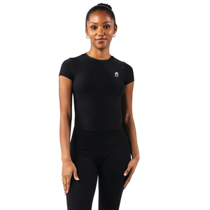 Camiseta de manga corta con cuello redondo de doble capa para mujer, tela elástica suave, ajustada, para uso diario, corte básico Pro - Product Image 1