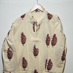 Kurta Corta de Manga Larga para Hombre, 100% Algodón Beige, Calidad Premium |   Estampado Floral Hecho a Mano, Estilo Tradicional, Transpirable - Product Image 6