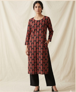<b>Women</b> Black Jute Cotton <b>Kurti</b> Round Neck Printed Straight Tunic Full Sleeve Geometric Pattern Casual Ethnic Everyday Wear - Product Image 6