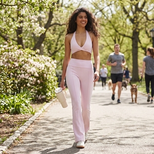 Women Solid Pink Sporty Activewear Set V-Neck Crop Top <b>Flare</b> <b>Leggings</b> Four-Way Stretch Quick Dry Lightweight Breathable Summer - Product Image 5