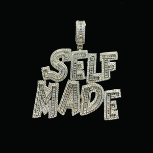 SELF Made Rhodium Plated Silver Iced Out <b>Letter</b> Pendant Necklace with Claw Setting for Men's Hip Hop Party Occasion - Product Image 2
