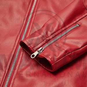 Men's <b>Red</b> Leather Motorcycle <b>Jacket</b> Slim Fit Stand Collar Zipper Closure Regular Length Moto Biker Style <b>RED</b> <b>Jacket</b> Leather - Product Image 5