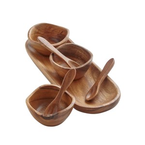 Ensemble de service à condiments en bois d'acacia fait main, bols à trempette écologiques en bois avec cuillères et plateau de service ovale à vendre - Product Image 6
