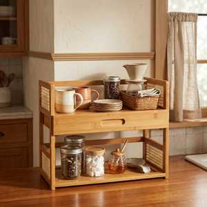 Bamboo Double Tier <b>Storage</b> <b>Rack</b> Drawer Rattan Panels <b>Kitchen</b> Countertop Organization Modern Style Durable Multifunction SALEEM - Product Image 6