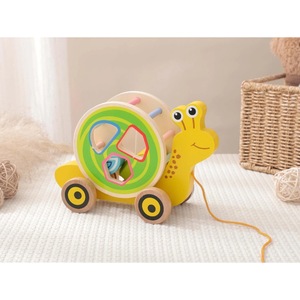 High Standard <b>Wooden</b> Snail Pull Toy With <b>Shape</b> <b>Sorter</b> For Kids Cartoon Design Yellow Green 21x14x8CM - Product Image 1