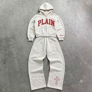Custom Eco-Friendly Winter Yellow Streetwear Zip Hoodie Wide Leg Sweatpants <b>Set</b> Minimal Logo <b>Embroidery</b> Oversized Baggy - Product Image 2
