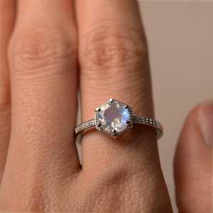 Natural Moonstone <b>Ring</b> Round Cut Gemstone <b>Ring</b> Octagon Sterling Silver June Birthstone Jewelry Gift Women - Product Image 4