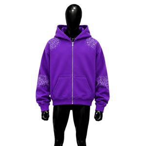 NUEVA Sudadera con capucha para hombre, morada, con cremallera y pedrería, estilo urbano oversize, con bolsillo frontal, informal, para otoño, de ajuste regular, de forro polar estampado. - Product Image 1