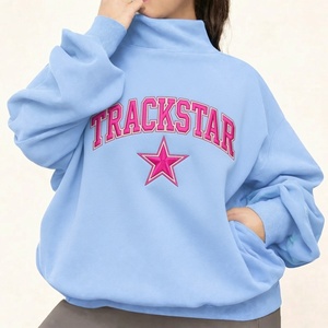 Womens <b>Light</b> Blue Oversized Mock Neck Sweatshirt Pink Trackstar Embroidery Heavyweight Fleece Top - Product Image 3