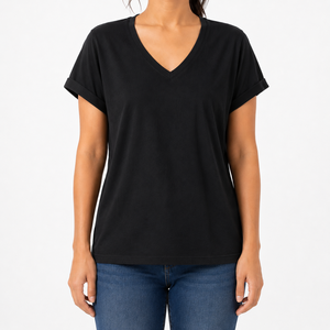 Camiseta de Mujer con Cuello en V, 100% Algodón, Sólida, Transpirable, Ecológica, Manga Corta Enrollada, Tejido de Punto, Corte Regular, Ropa Casual de Verano - Product Image 1