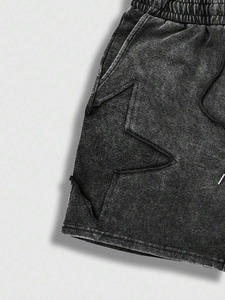 Shorts décontractés style urbain taille mi-haute avec cordon de serrage, couleur noire, en sergé de coton délavé à l'acide, avec patchwork brodé, écologiques - Product Image 4
