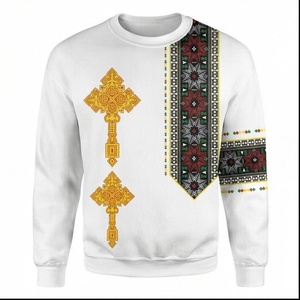 Sweat-shirt blanc à col rond pour homme avec imprimé croix dorée et motifs ethniques, coupe classique, pull tricoté, vêtement décontracté pour l'automne - Product Image 1