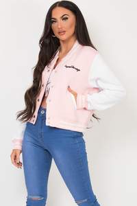 Blouson bomber varsity rose personnalisé pour femme, coupe courte, avec slogan, en laine, style baseball et Letterman - Product Image 5