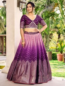 Purple Pink <b>Lehenga</b> Set Glitter Zigzag Evening Dress Embroidered Banarasi Style Party Wedding Outfit - Product Image 3