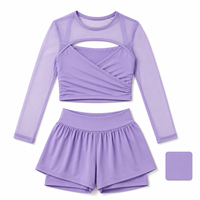 Ensemble de sport pour enfants personnalisé ODM OEM : Tenue de yoga respirante en maille unie à manches longues et short athlétique double couche pour filles, idéal pour l'extérieur